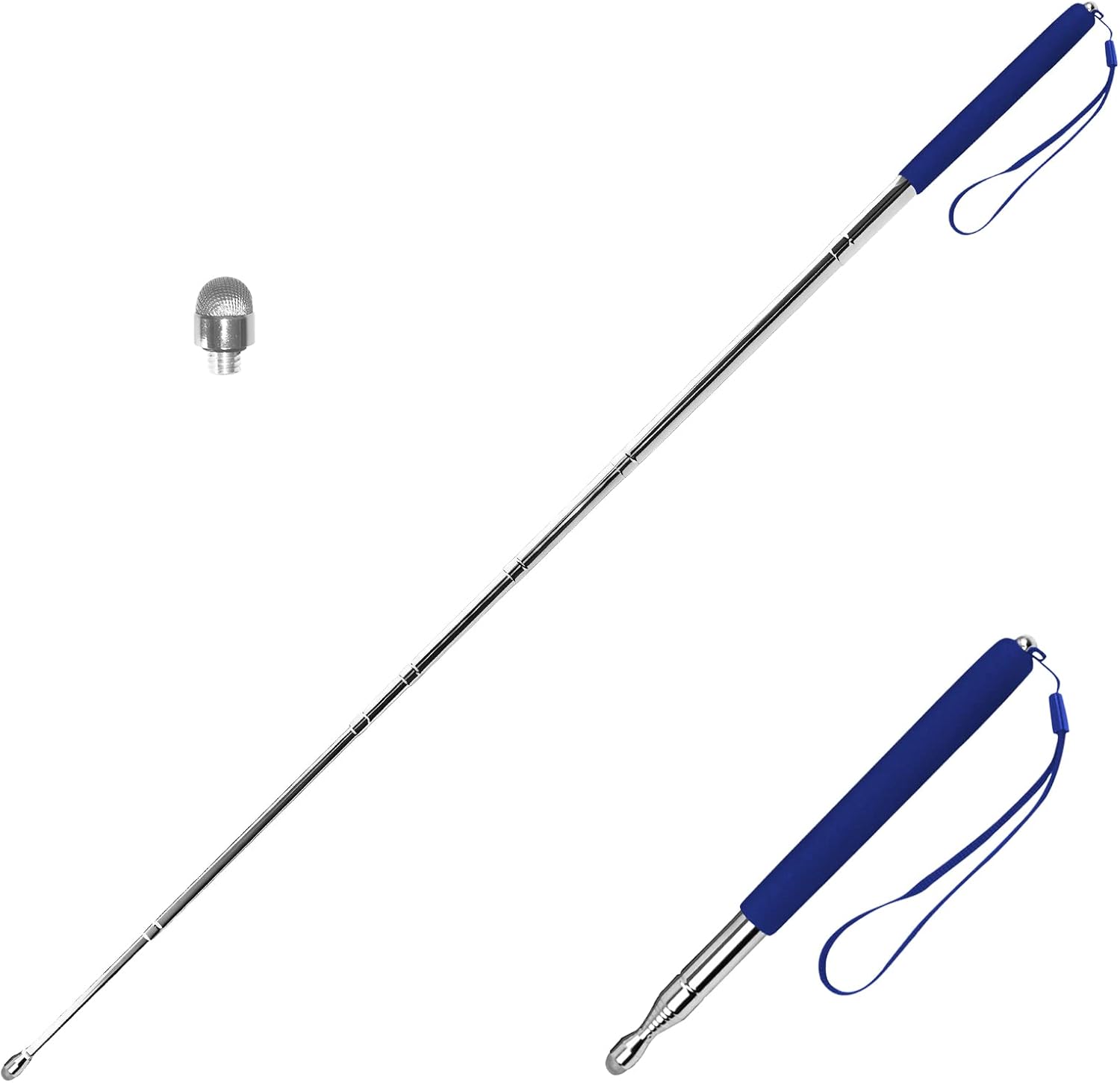 Puntero telescópico, puntero de enseñanza, con función de escritura capacitiva, punta de bolígrafo reemplazable, con cordón (azul)