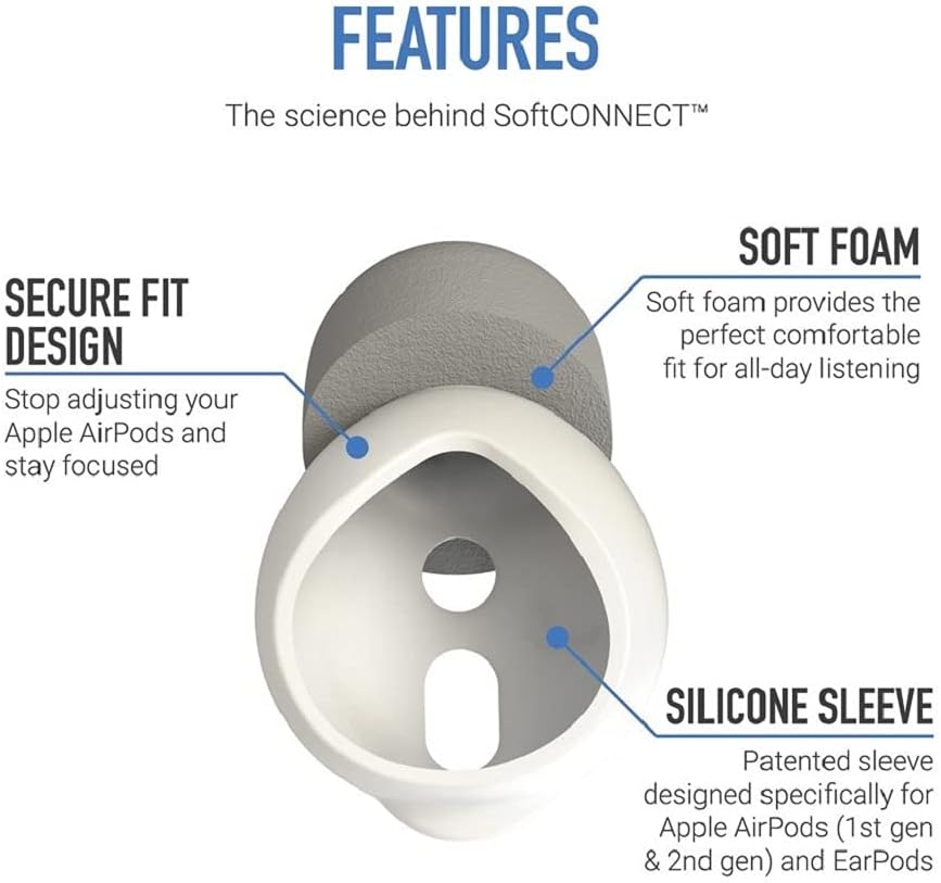 COMPLY SoftCONNECT – Puntas de repuesto de espuma suave para Apple AirPods (Gen. 1 y 2), auriculares Apple y auriculares similares (grandes, 2 pares)