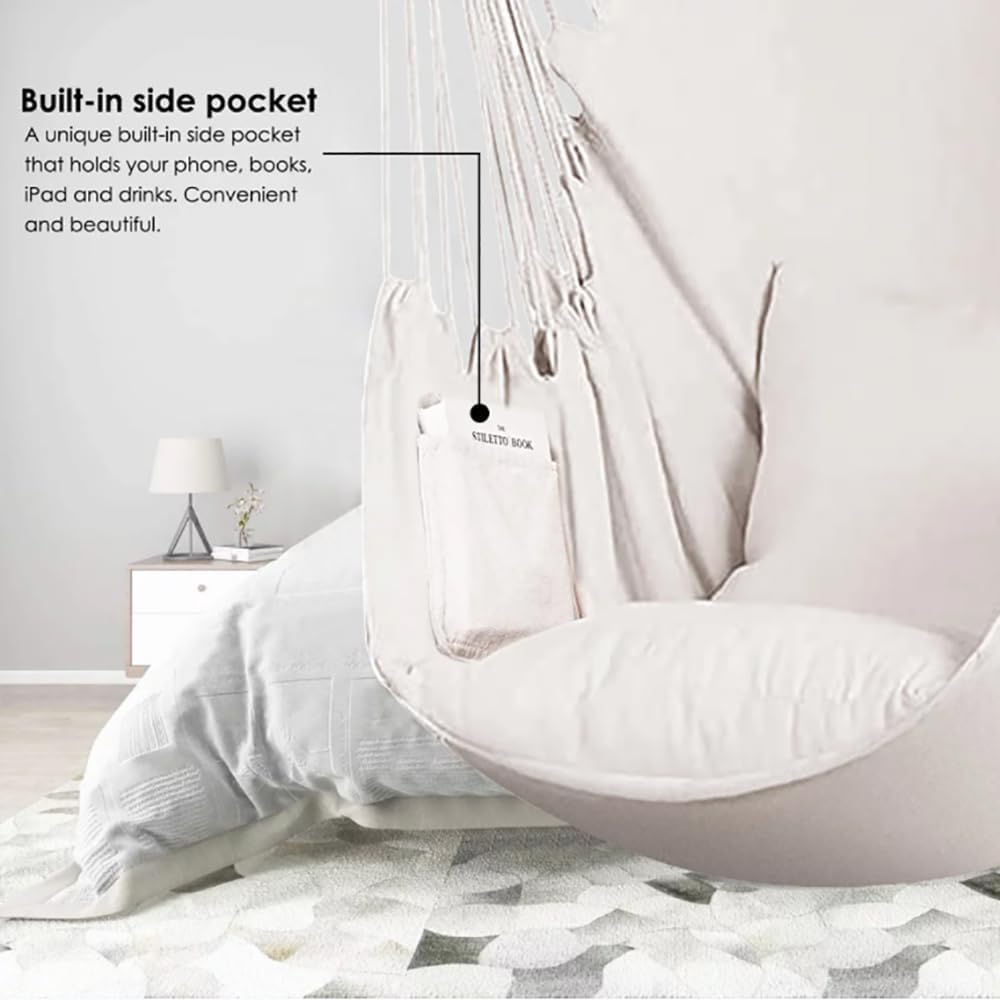 Silla de hamaca colgante con cuerda, silla colgante de lona gruesa que incluye 2 cojines de asiento, máximo 500 libras, hamaca columpio con barra de