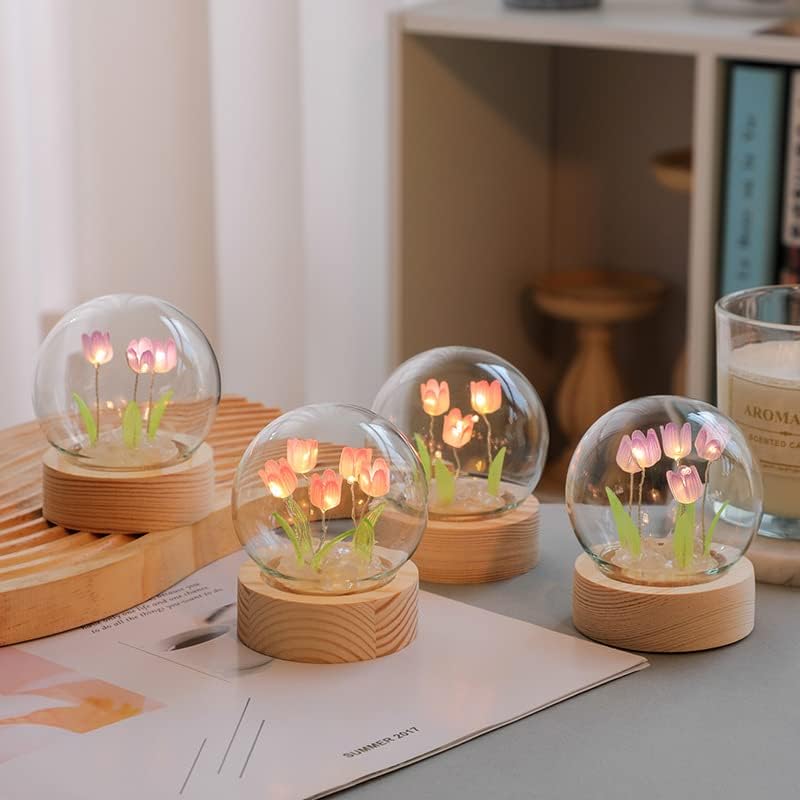 Luz nocturna estética de flores, bonita lámpara de noche de tulipanes para niños y adultos, cama de ensueño, lindas lámparas de luz nocturna para