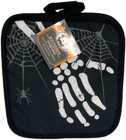 D.R.E.LLC – Juego de guantes de horno y soportes para ollas de esqueleto de Halloween, decoración de cocina de Halloween, accesorios de cocina de