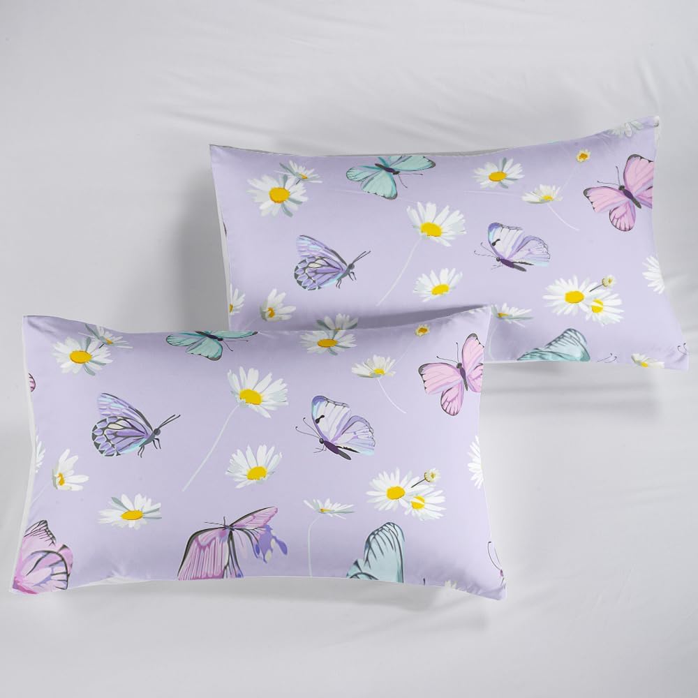 QOOMO Juego de sábanas de mariposa morada, diseño de margaritas para niños, de bolsillo profundo de 16 pulgadas, juego de sábanas de 4 piezas para