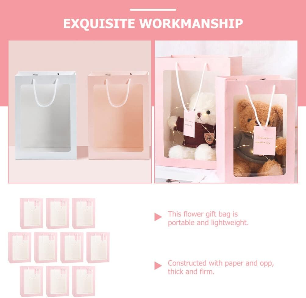 iplusmile 10 bolsas de regalo rosas con ventana, bolsas de regalo de ramo de flores con asas de 13.4 x 9.1 x 3.9 pulgadas, bolsa de compras de papel