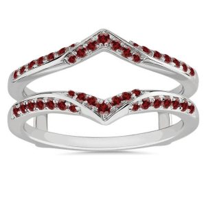 Red Garnet V Shaped Enhancer Guard For Women, 14k White Gold Finish Garnet Anniversary Wrap Ring, Anniversary Band Red Garnet V Shaped Enhancer Guard For Women, 14k White Gold Finish Garnet Anniversary Wrap Ring, Anniversary Band