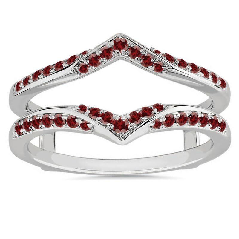 Red Garnet V Shaped Enhancer Guard For Women, 14k White Gold Finish Garnet Anniversary Wrap Ring, Anniversary Band