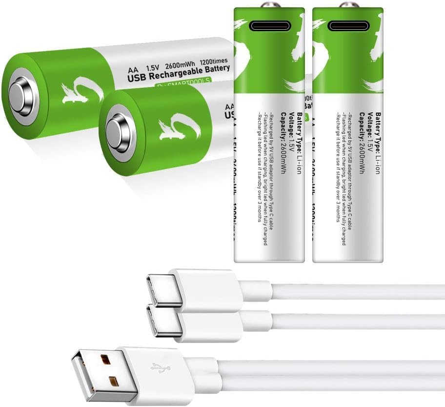 Batería recargable USB AA de iones de litio, batería AA recargable de alta capacidad de 1.5 V 2600 mWh, carga rápida de 1.5 H, 1200 ciclos con cable