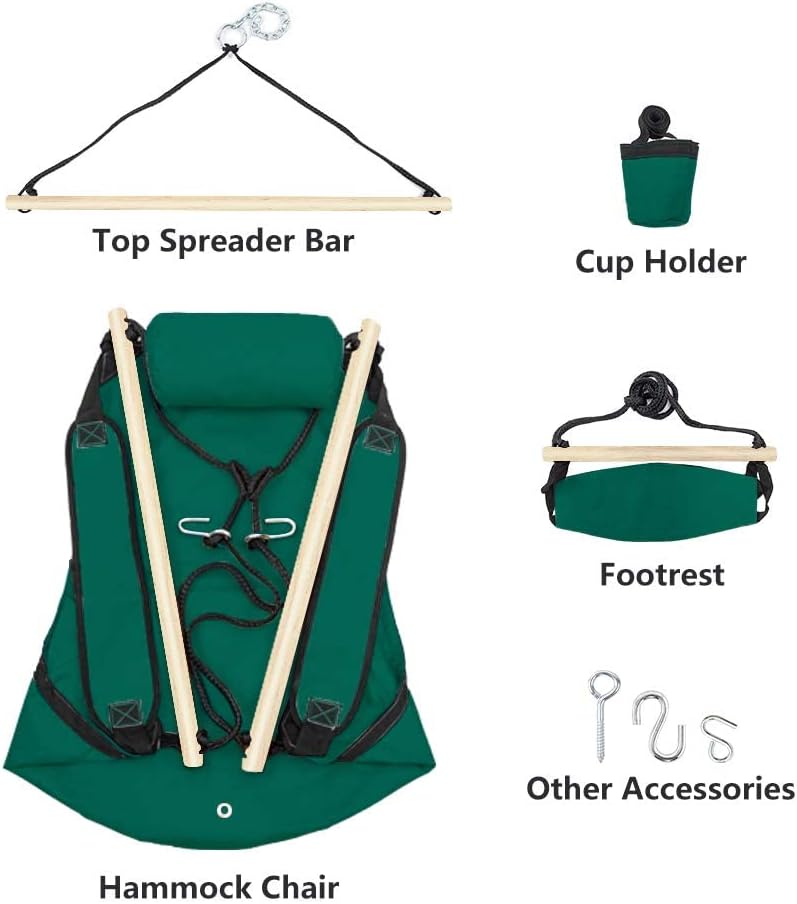 Upgraded Unique Hammock Sky Chair, Air Deluxe Hanging Swing Seat with Rope Through The Bars Safer Relax with Drink Holder & Fuller Pillow Beech Wood