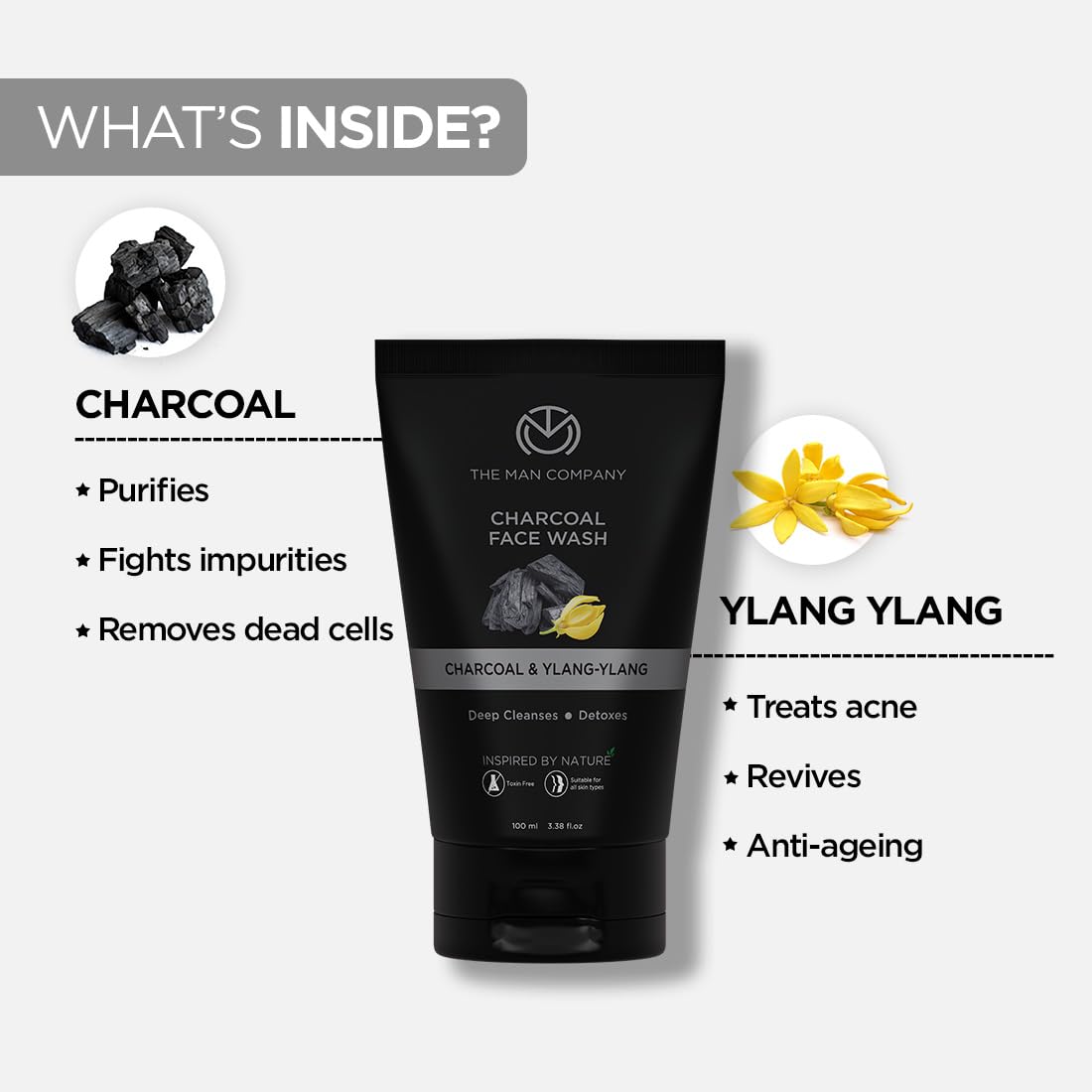The Man Company Lavado facial de carbón activado para menylang ylang y argán aceites esenciales contaminación, control de aceite de acné, limpieza