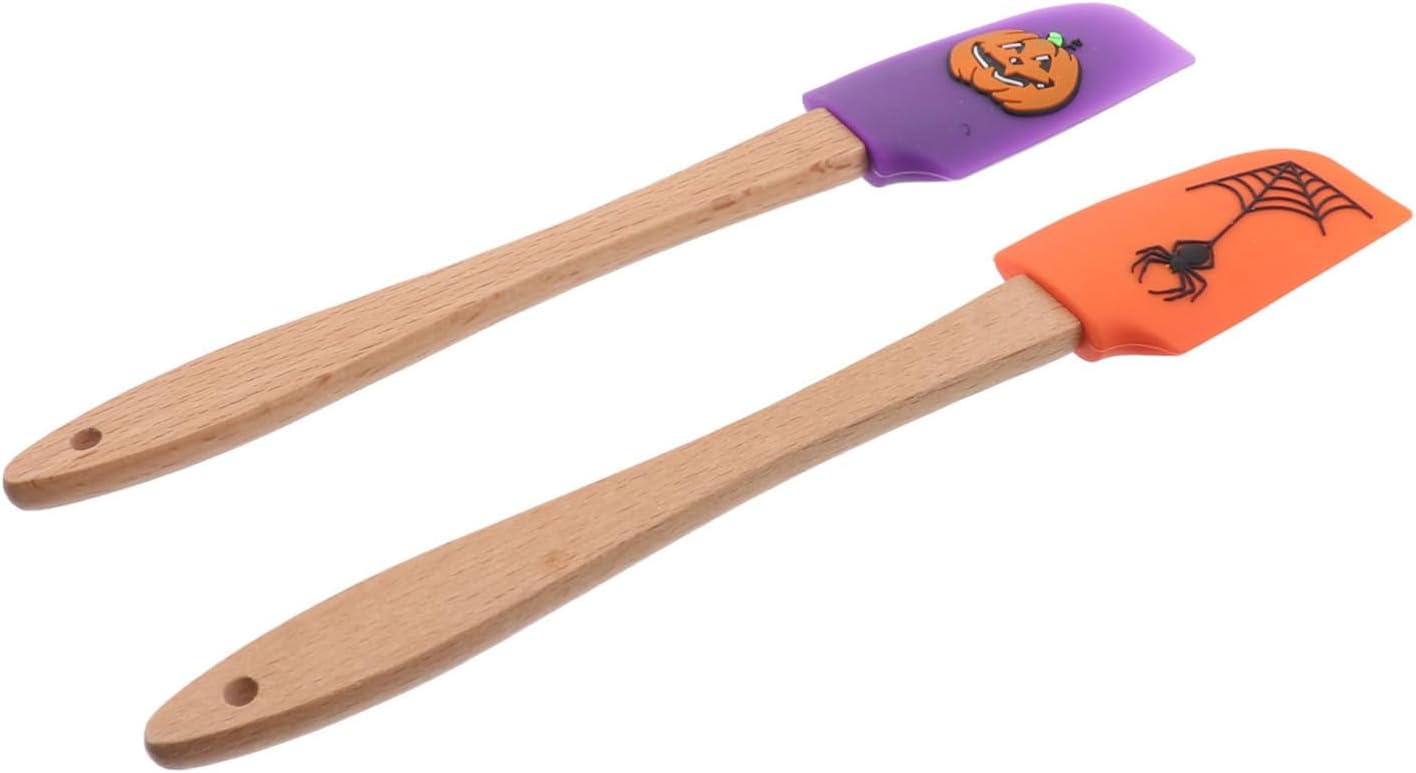 Raspador de silicona, 2 piezas, raspador de Halloween, utensilios de cocina, espátula de madera para hornear de calabaza para niños