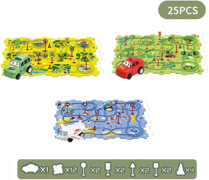 PowerTRC Rompecabezas de coche de ferrocarril de plástico con un camión y señales de carretera  Montessori educativo imaginativo rompecabezas de