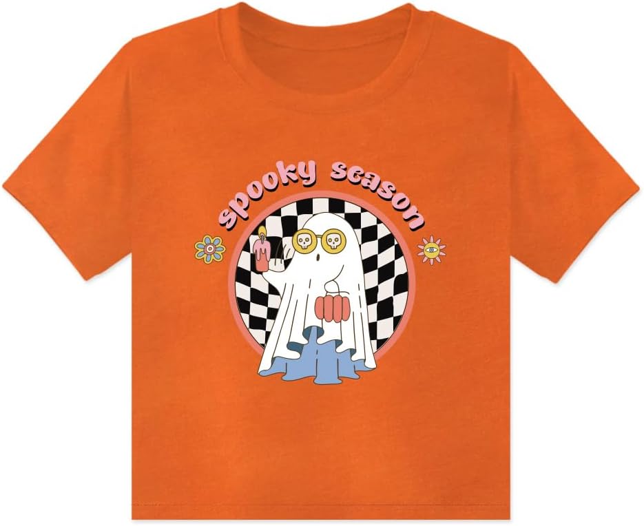 Blinket Camiseta de Halloween para niños pequeños, camisa de fantasma de calabaza negra y blanca, a cuadros, estampado naranja, manga corta,