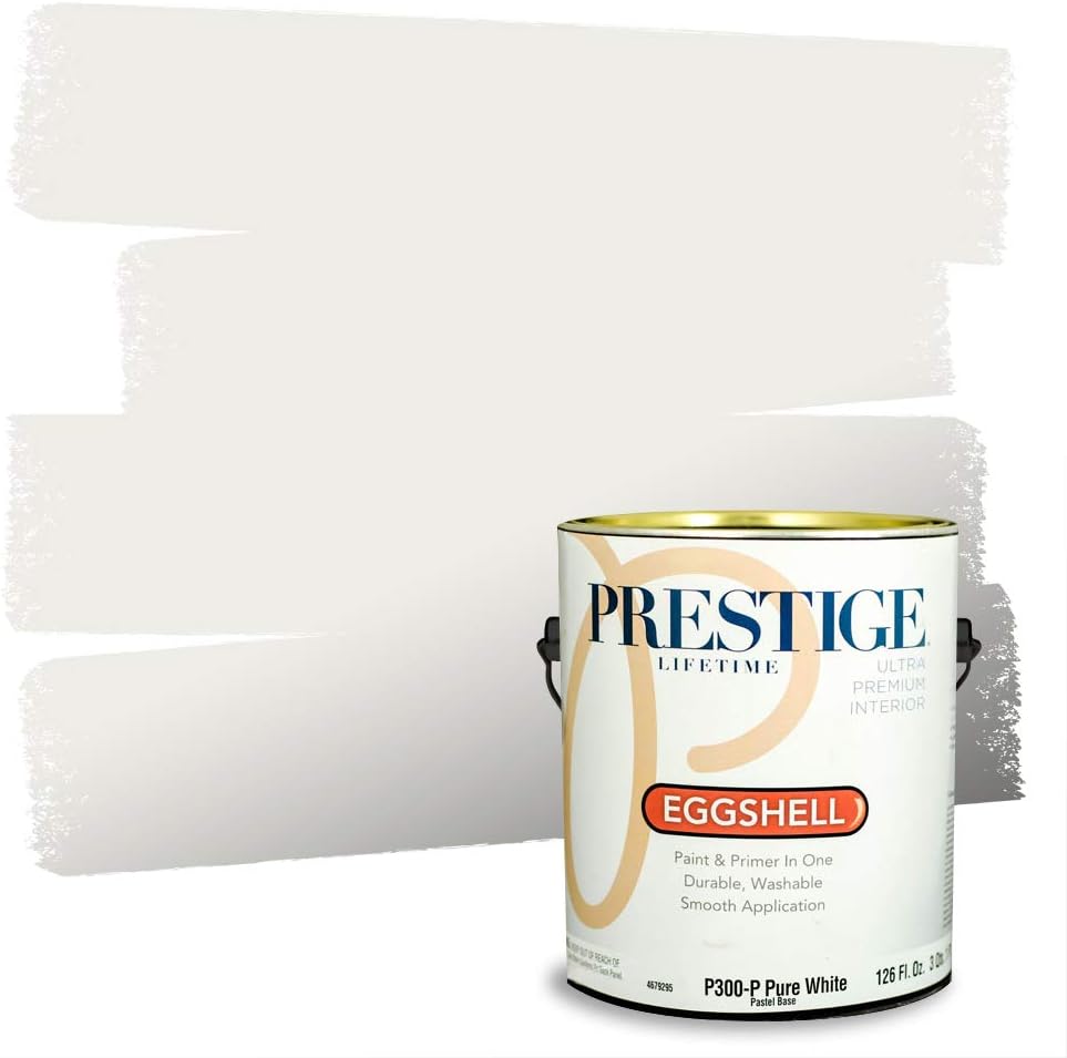 Prestige Paints – Pintura y sellador 2 en 1 para exteriores, 1 galón, plana, similar a Sherwin Williams Snowfall, P300-P-SW7005