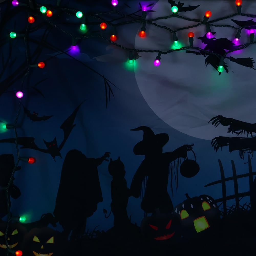 Guirnalda de luces de Halloween naranja, morado y verde, 50 luces LED, 13.5 pies, certificación UL, G15, luces multicolor para Halloween al aire