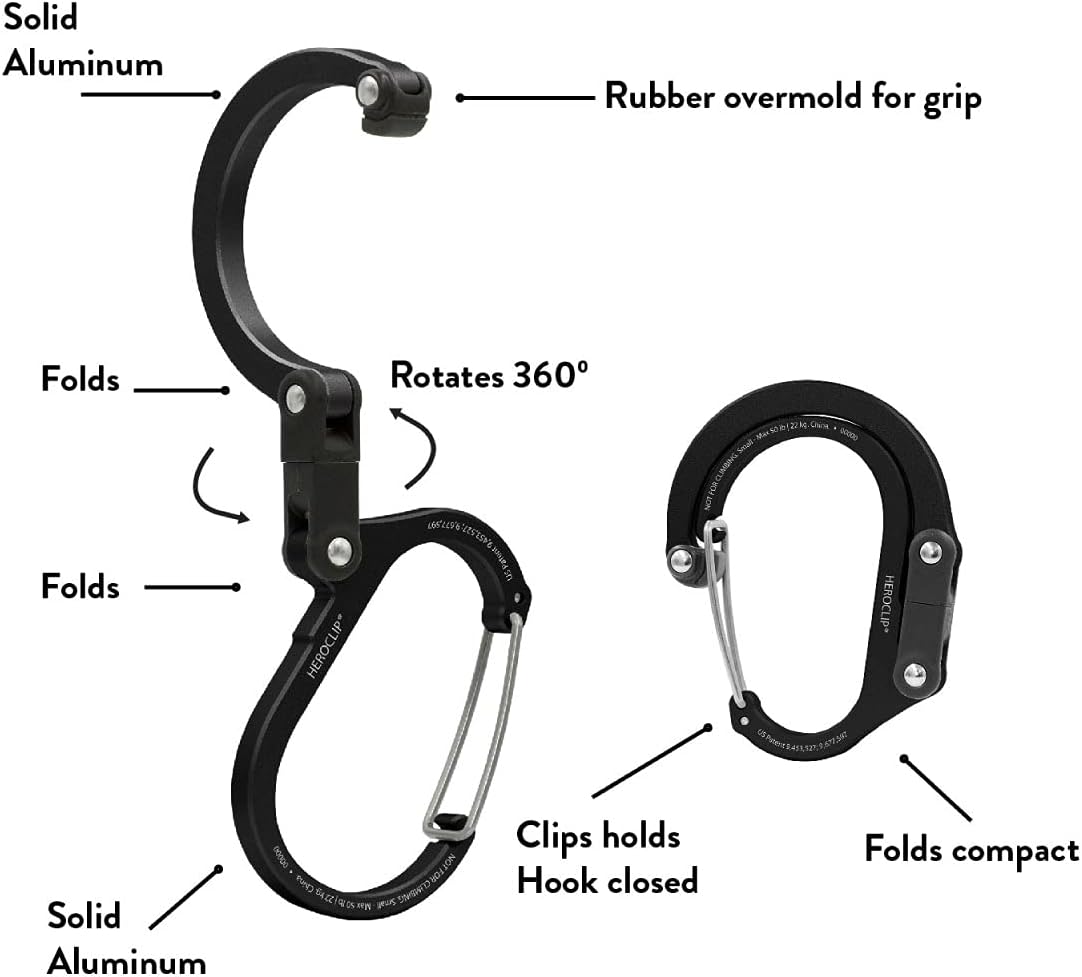 GEAR AID HEROCLIP Mosquetón giratorio de 360 y gancho (mediano) para camping, mochila, maletas y organización de garaje