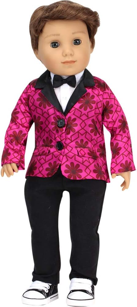 Sophia’s – Muñeca de 18″ – Blazer de satén con estampado magenta, Dickie blanco con pajarita y pantalones de vestir negros