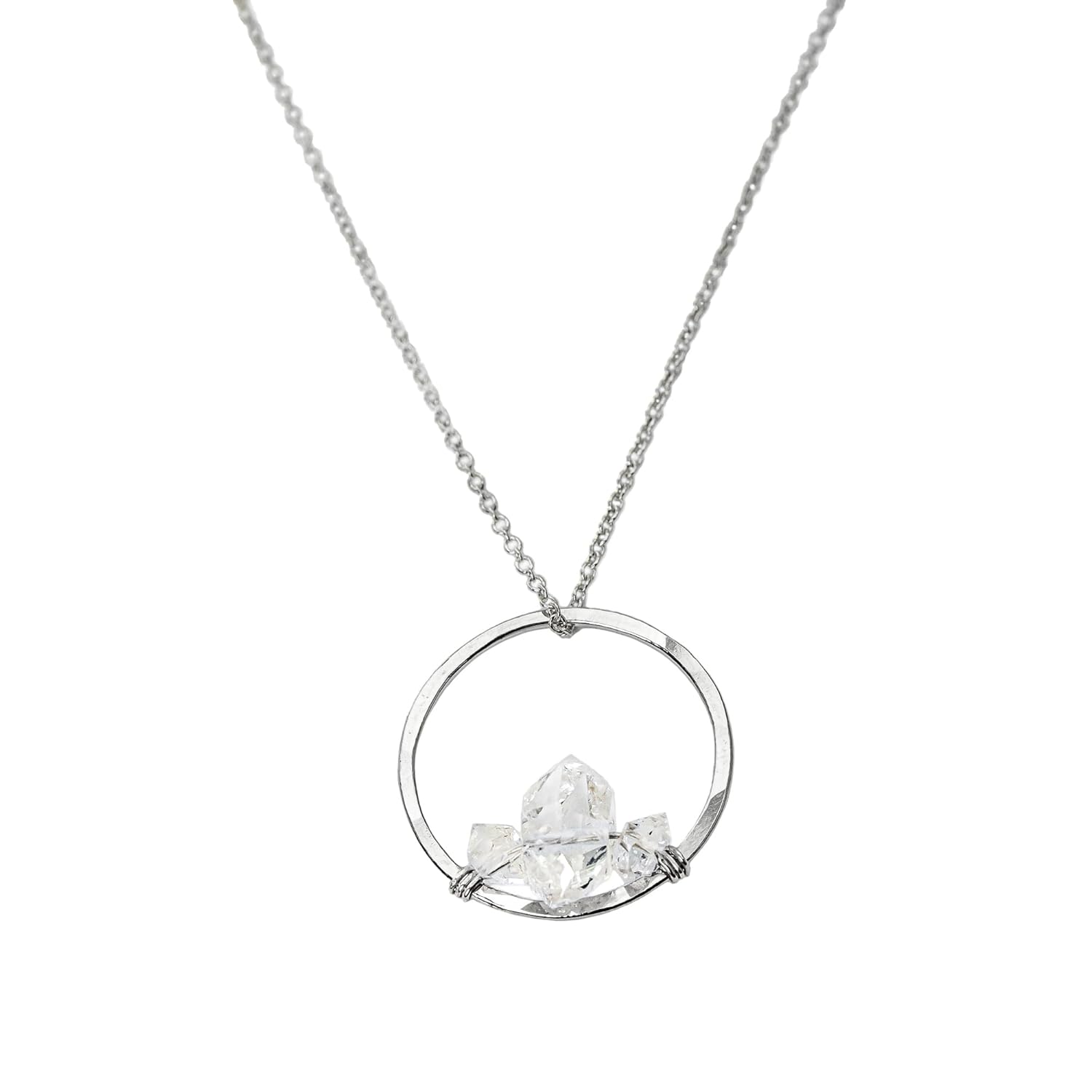 Herkimer Diamond Necklace on 16 inch 14K Gold Filled Chain Crystal Necklace for Women by Lotus Stone Design (Silver, 16″ Circle Frame)