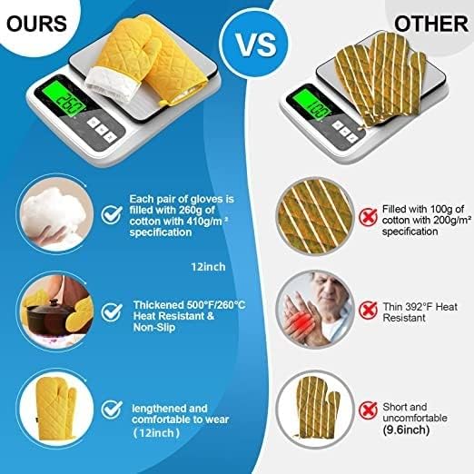 M Miaoyan – Juego de 4 guantes de horno y soportes para ollas, resistentes al calor, 500 grados, extra gruesos, largos, de algodón, para cocina (12