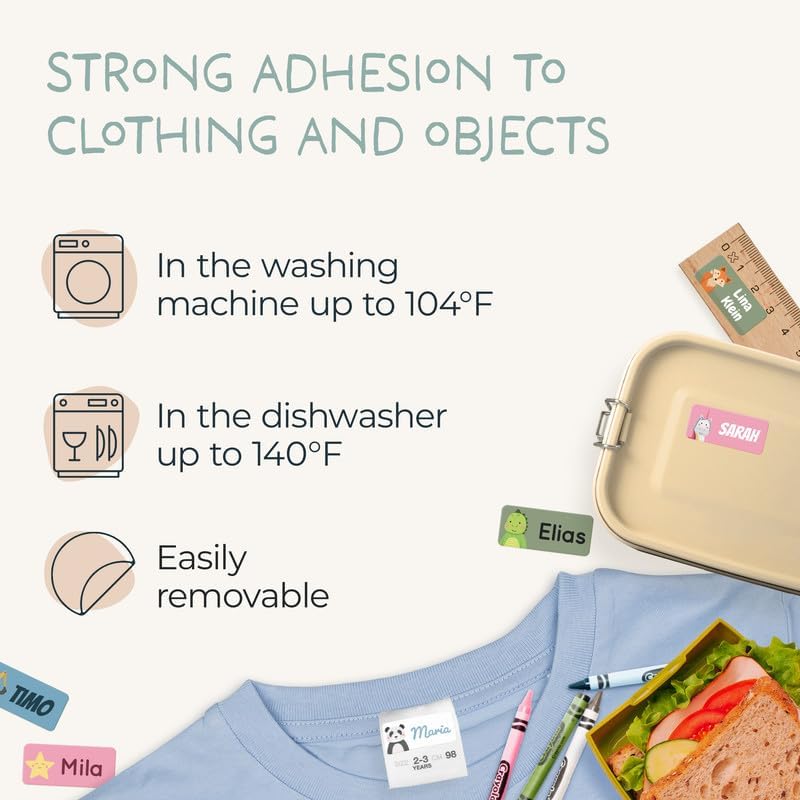 melu kids Etiquetas de nombre para niños, ropa y artículos (50), etiquetas de nombre autoadhesivas, etiquetas personalizables impermeables (1.2 x