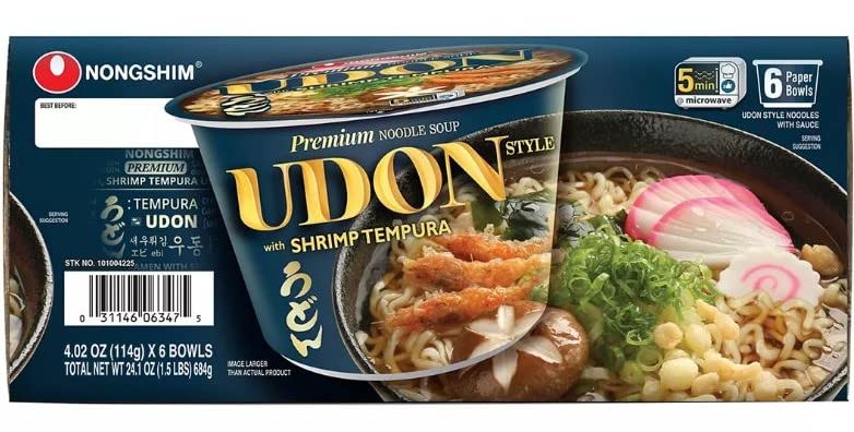 Nongshim Fideos prémium estilo Udon con tempura de camarones, hechos con auténtico condimento estilo Udon, 24.13 oz  6 x 4.02 oz