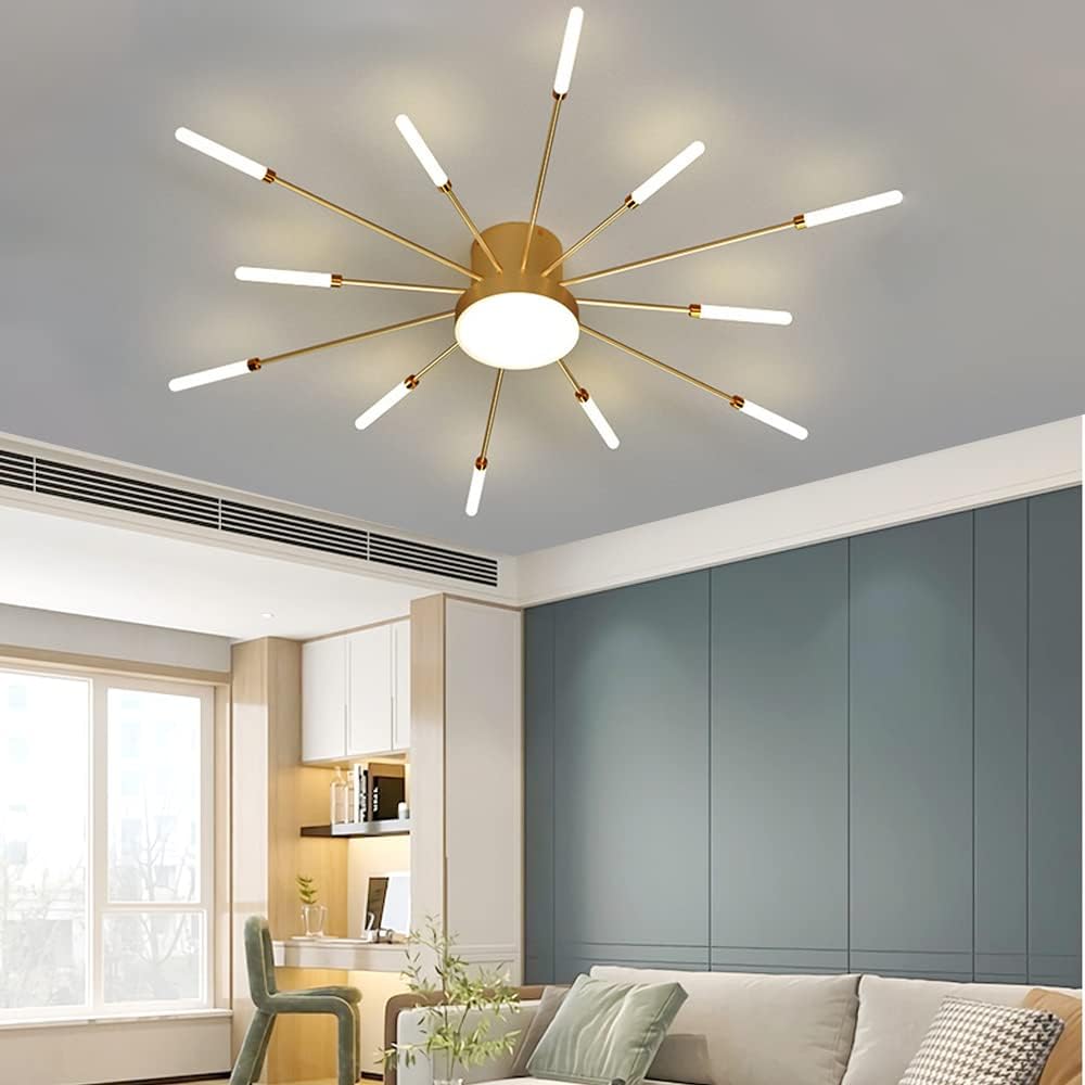Liudefa Lámpara de techo LED de 32 pulgadas, 12 luces de techo modernas, lámpara de techo empotrada, iluminación de interior dorada para sala de