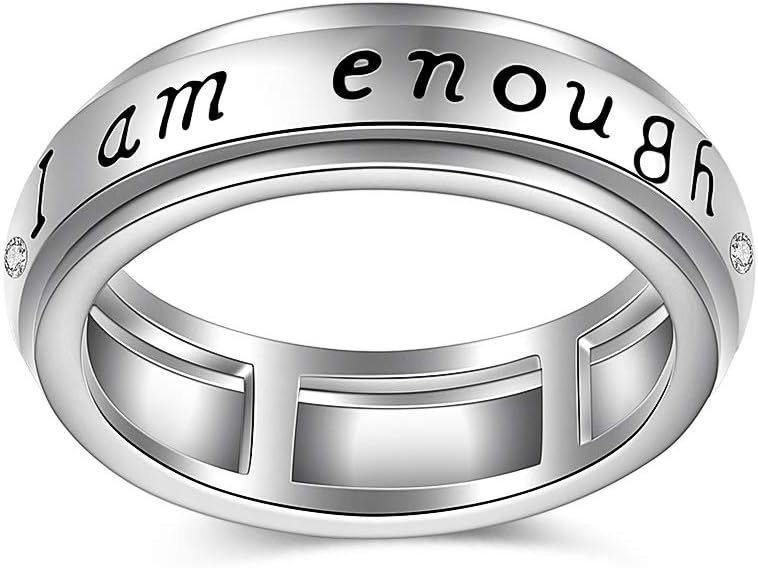 Anillo giratorio para ansiedad de plata de ley con giro de preocupación a juego con la promesa de compromiso I Am Enough Spinner Fidget anillos para