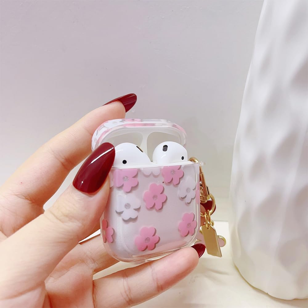 Faneiy Funda protectora para AirPods de 3 generación con llavero, bonita funda protectora para auriculares con diseño floral de flores rosadas, TPU
