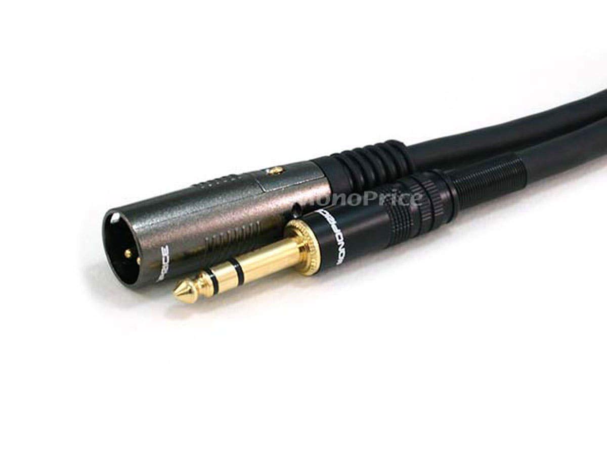 Monoprice XLR macho a cable TRS macho de 14 de pulgada – Botas moldeadas para aliviar la tensión, chapadas en oro, 16AWG, 3 pies, color negro –