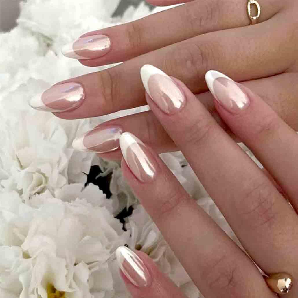 Foccna 24 uñas francesas a presión medianas, uñas postizas blancas, uñas de almendra esmaltadas, uñas postizas brillantes, uñas acrílicas para