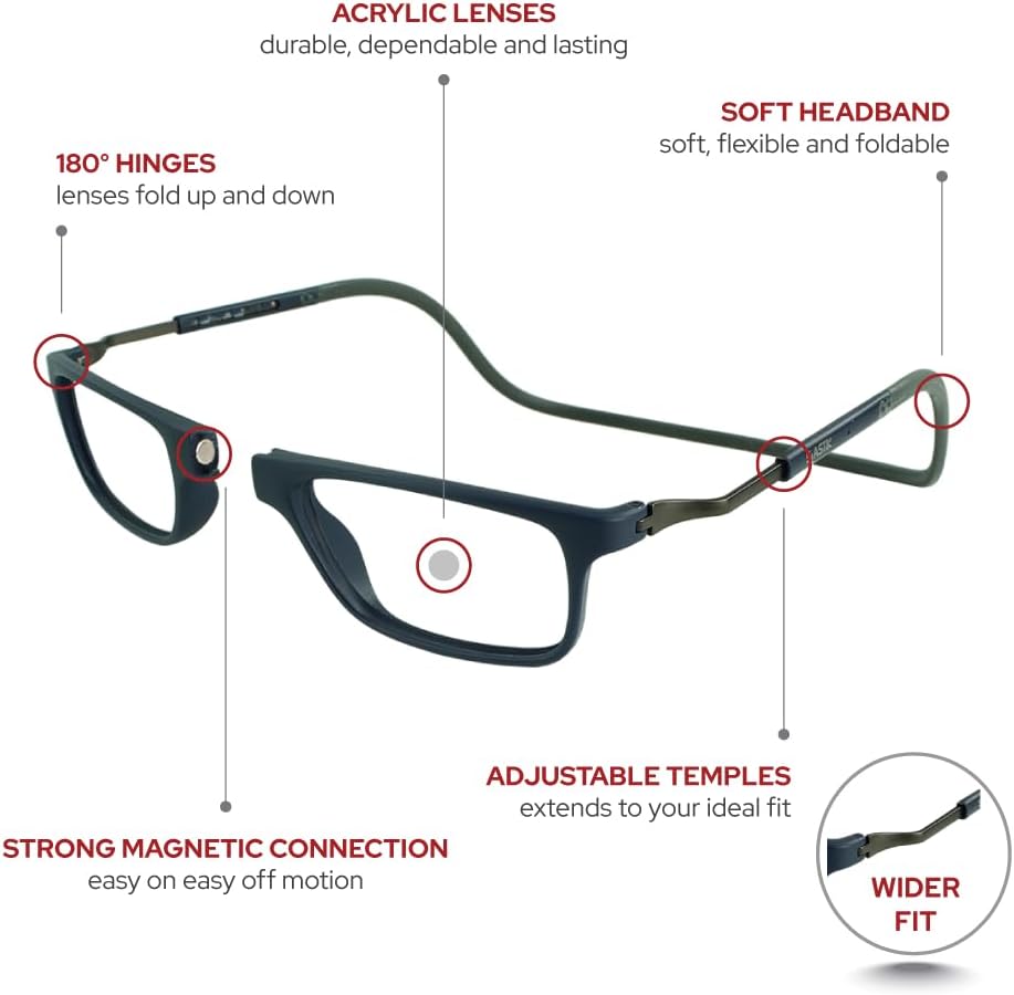 Clic Slastik – Lentes de lectura magnéticos para lectores de computadora, banda suave, lentes reemplazables, patillas ajustables, Bodo (XL-XXL)