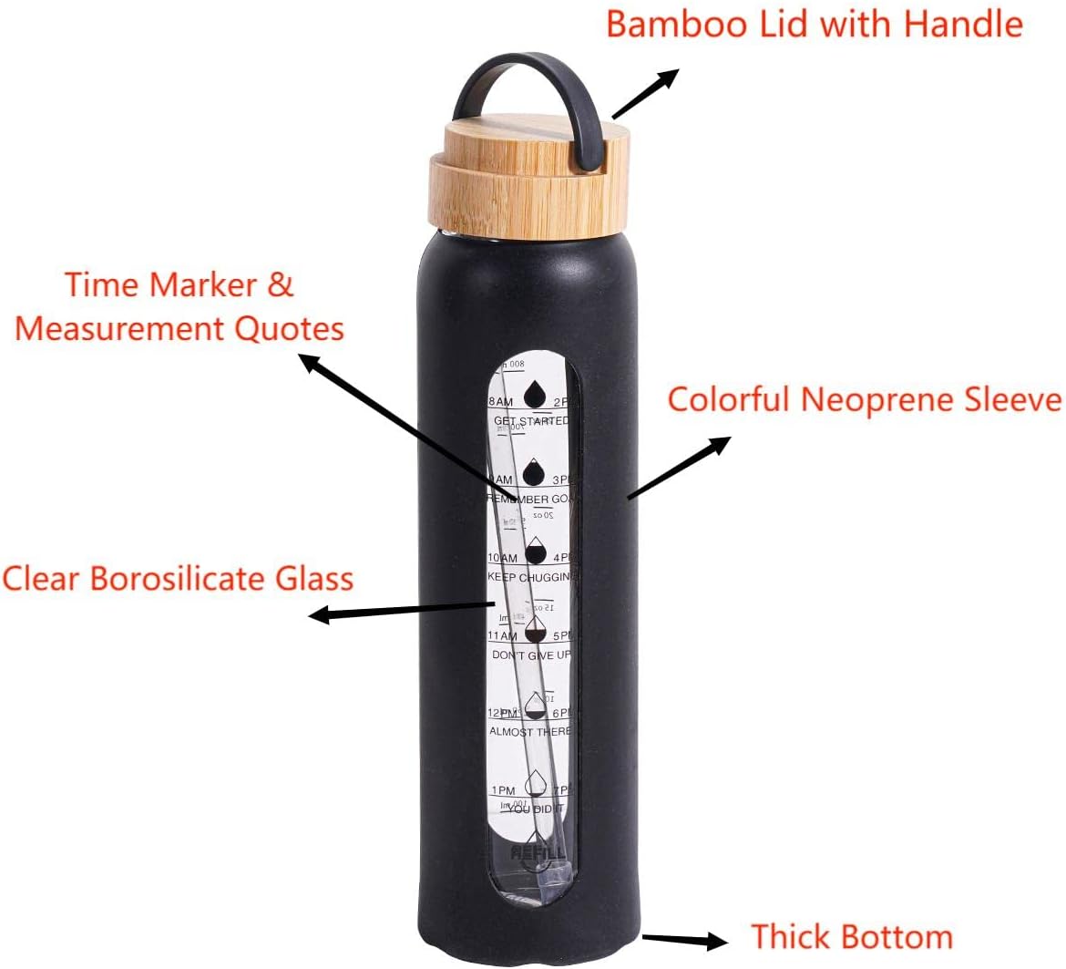 Botella de agua de vidrio de 32 onzas con funda de silicona, tapa de bambú, boca ancha, botella de agua motivacional con marcador de tiempo, popote