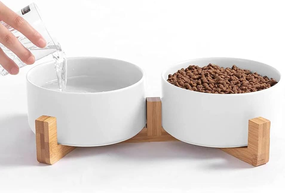 Cuencos de cerámica para alimentos para mascotas con base de madera antideslizante