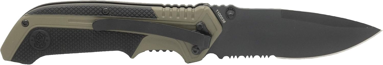 Smith & Wesson Cuchillo plegable asistido por resorte SS de alto carbono de 7.75 pulgadas con hoja dentada de punto de caída de 3.25 pulgadas y