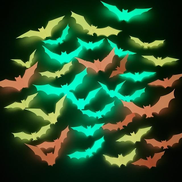 Decoración de pared de murciélagos fluorescentes 3D de Halloween, 96 piezas de 8 tamaños diferentes, calcomanías realistas de PVC espeluznantes,