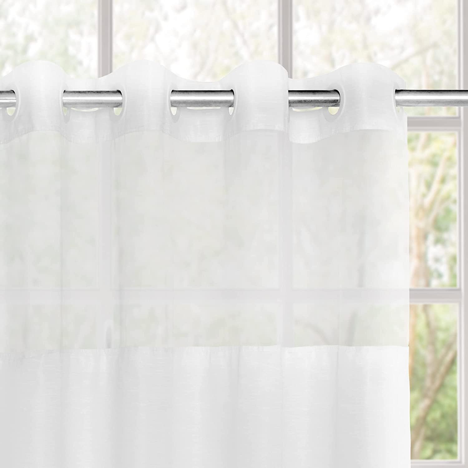 Sanzugh Cortina de ducha con forro a presión, diseño de hojas doradas, sin gancho, juego de cortinas de ducha de tela sin gancho para baño, cortina