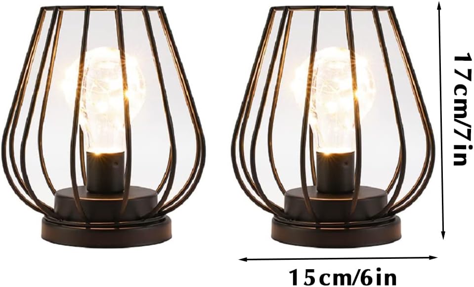TRIROCKS Juego de 2 lámparas de metal a pilas de 7 pulgadas de alto con forma de jaula inalámbrica, lámpara de mesa inalámbrica, faroles de batería