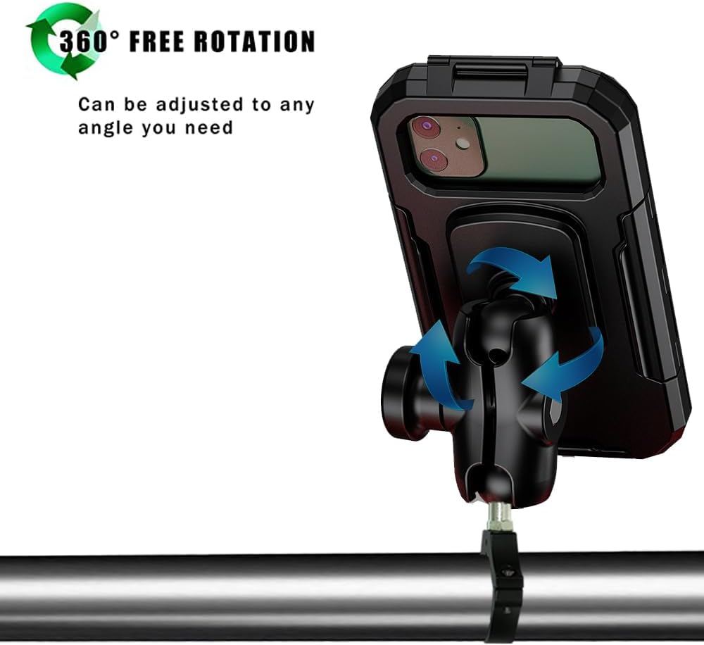 Soporte para teléfono UTV con protector impermeable, soporte para UTV ajustable de 360 grados, compatible con barra antivuelco de 1.62 a 2 pulgadas,
