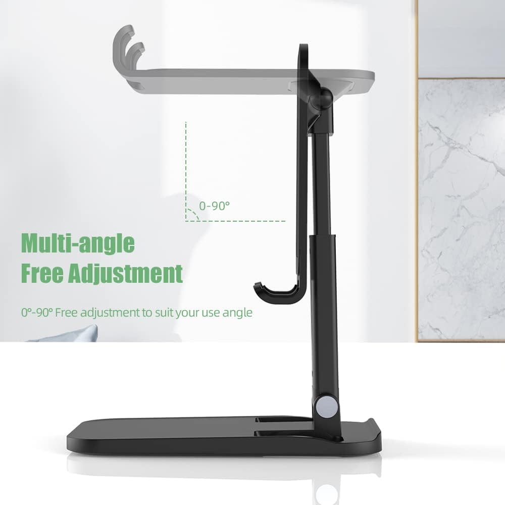 Soporte de teléfono para escritorio ángulo y altura ajustables Totalmente plegable Soporte para teléfono celular portátil y tableta iPad con base