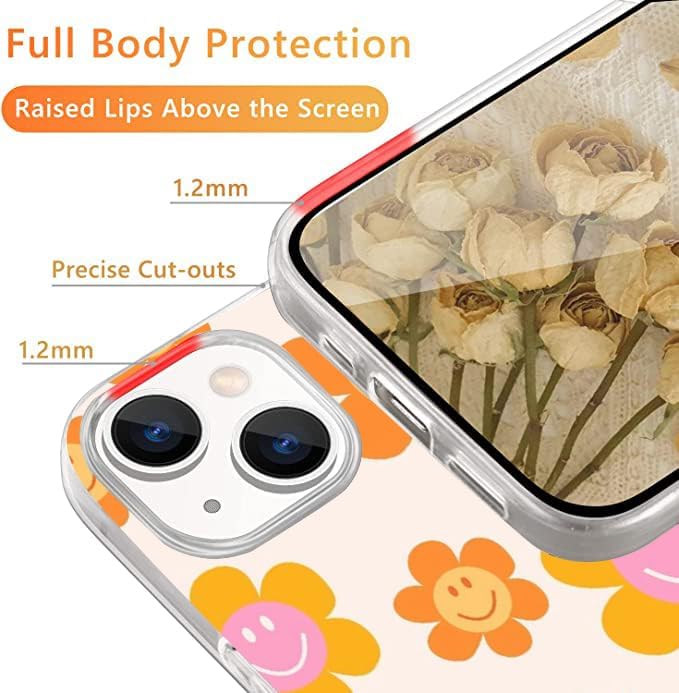 Funda compatible con iPhone 13  Indie Smile Face Flower Daisy Hippie Retro 90s Naranja Estética Elegante Duradera Protección de Cuerpo Completo