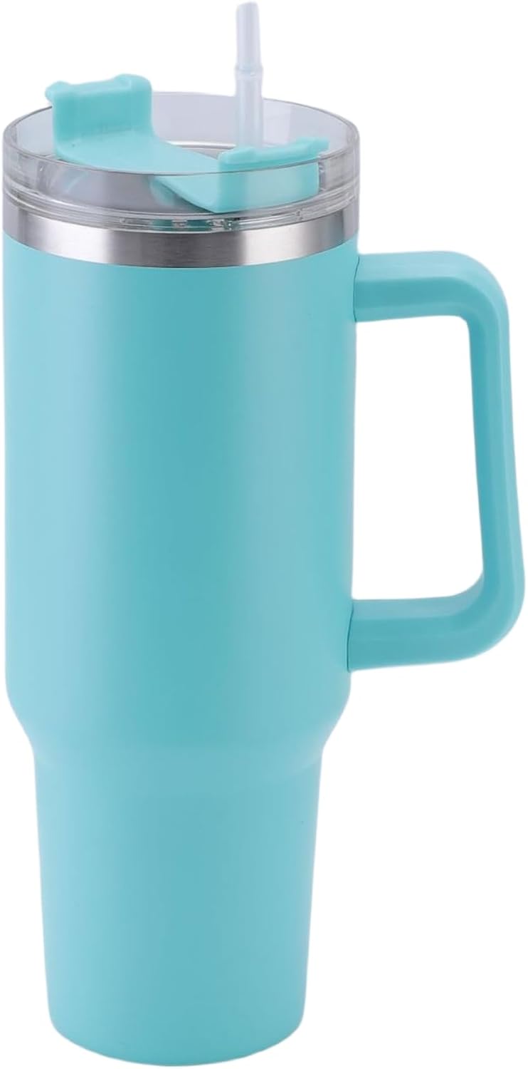 Vaso de 40 onzas con asa y pajilla, reutilizable, de acero inoxidable, con aislamiento térmico, para bebidas frías y calientes (verde menta)