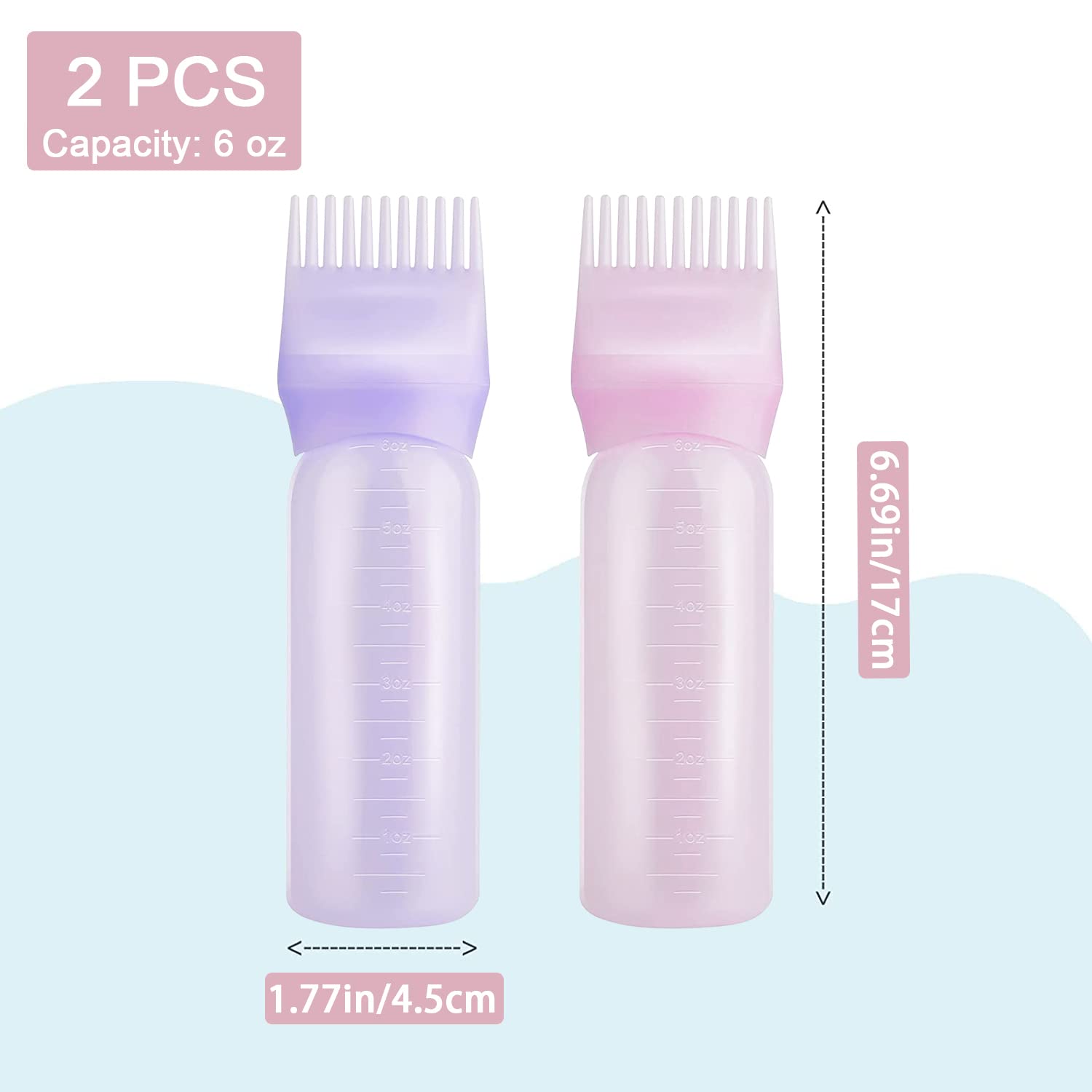 2 botellas aplicadoras de peine de raíz, aplicador de aceite para el cabello de 6 onzas para teñir el cabello (rosa y morado)