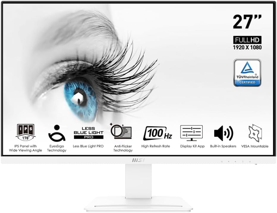 MSI Pro MP273AW, monitor de 27″, 1920 x 1080 (FHD), IPS, 100Hz, protección ocular certificada por TUV, 4ms, Displayport, HDMI, inclinación, blanco