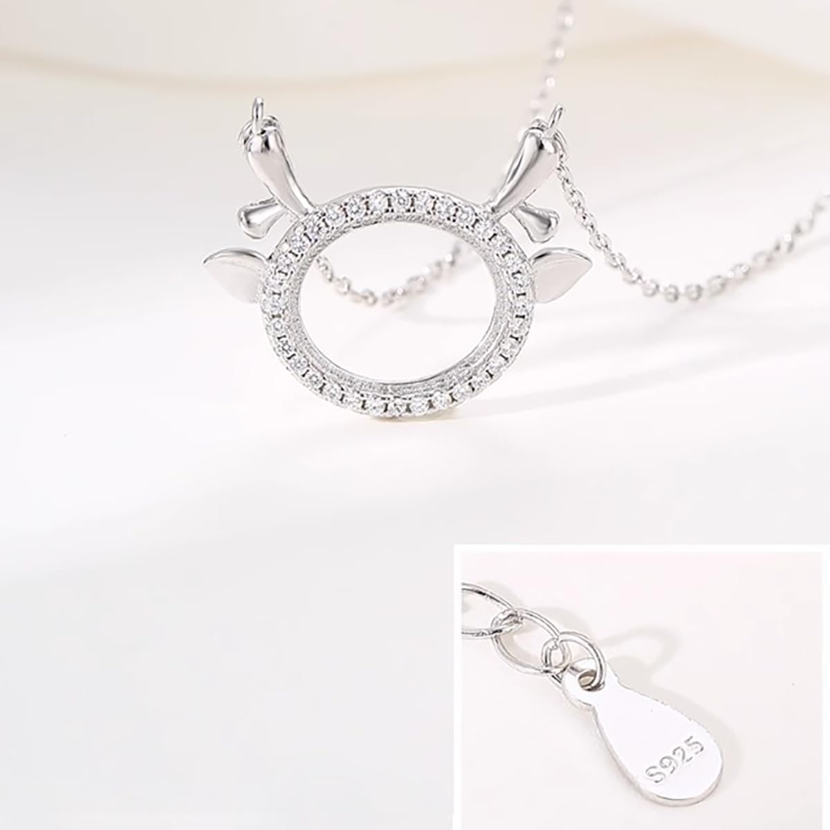JKEIO Colgante de plata de ley 925 con circonita cúbica y bisel de ciervo, ajuste de 8 x 109 x 130.394 x 0.472 in, montaje ovalado, collar hecho a