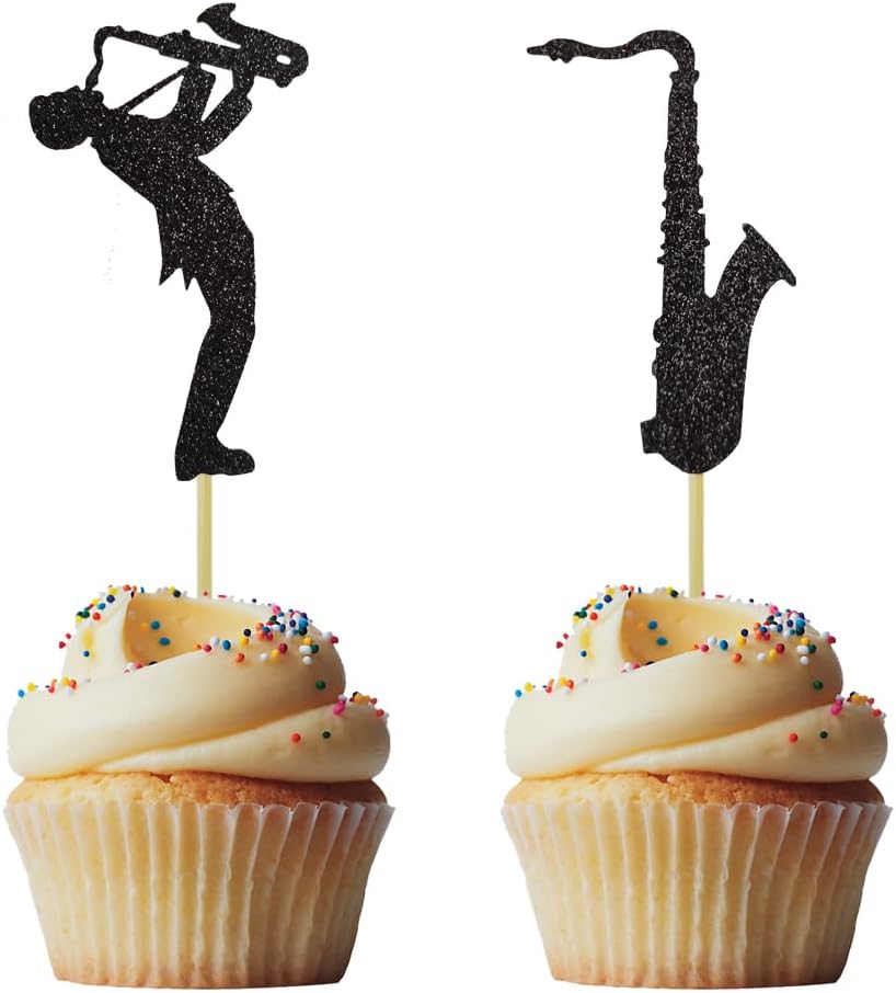 Morndew 24 adornos negros para saxofón y magdalena con purpurina para niños, fiestas temáticas de música, fiestas de cumpleaños, baby shower, boda,