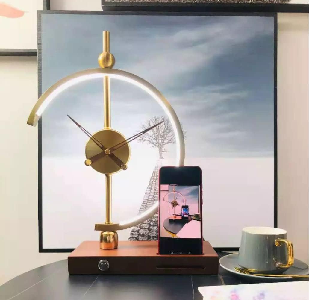 Reloj ‘Golden Time’  Lámpara de mesa  Qi inalámbrico y cargador USB para el hogar, oficina y hotel, reloj analógico dorado con manecillas de madera,