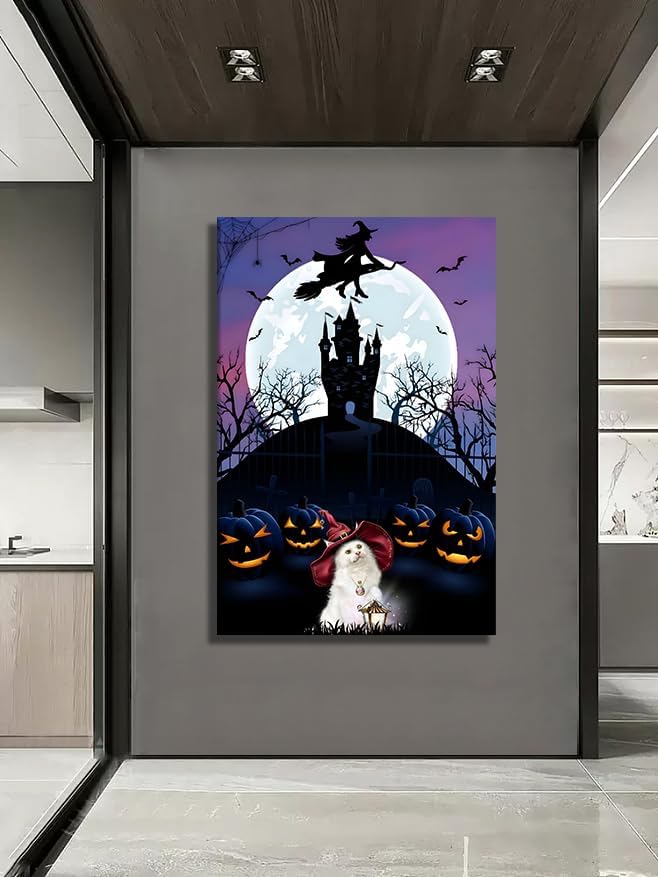 Wewejia Lienzo de Halloween para pared, arte de pared de bruja, murciélago, farol, calabaza, gato, póster de imagen negro para sala de estar,