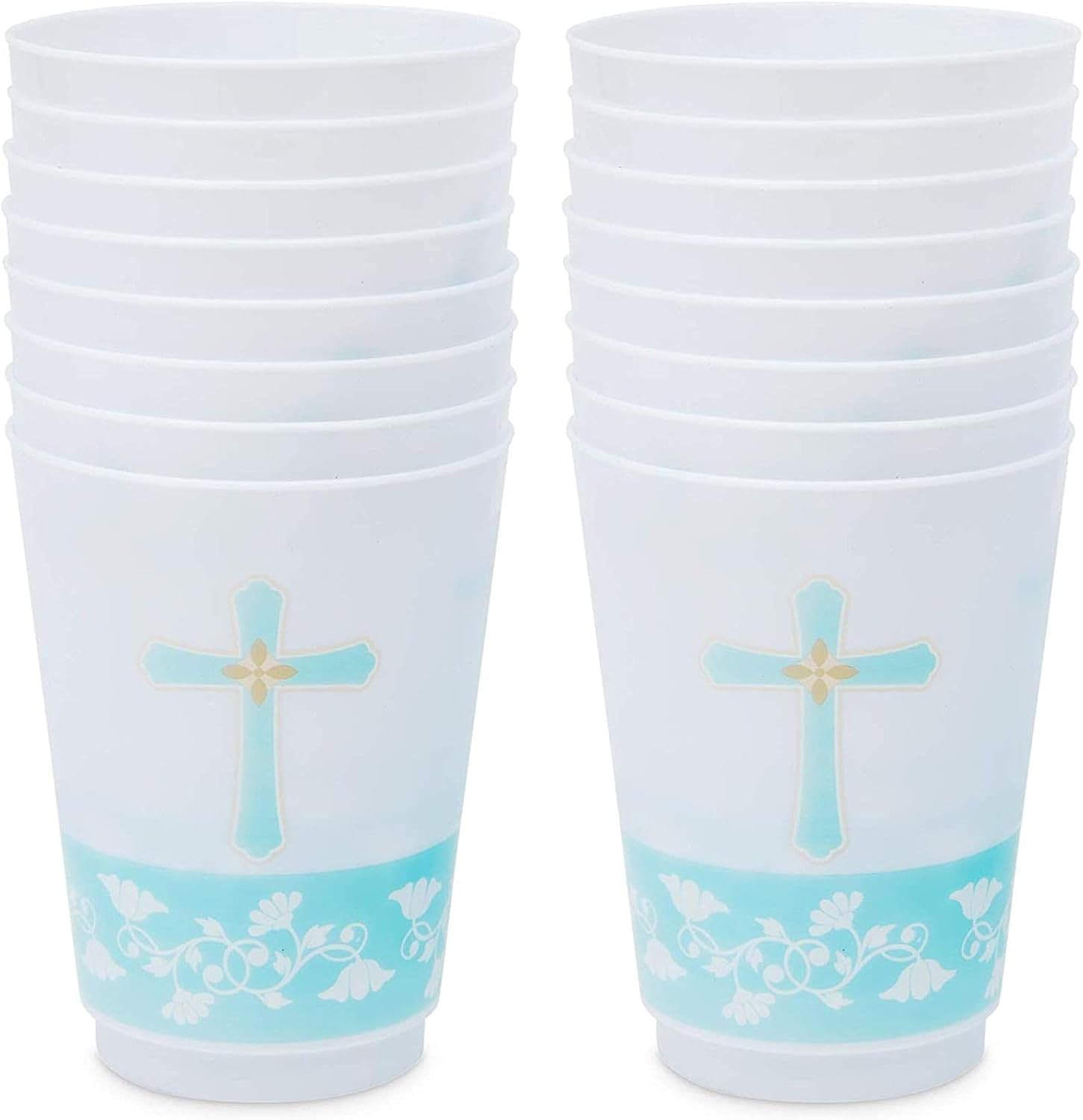 Sparkle and Bash Paquete de 16 vasos de 16 onzas con cruz azul, vasos de plástico para bautismo, decoraciones de primera comunión, suministros para