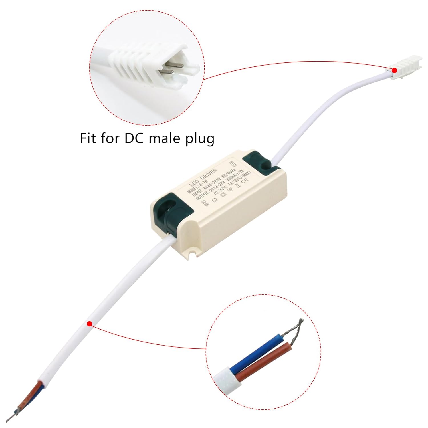 Controlador LED de 4-7W, corriente constante 300mA AC 85-265V Salida 15-26V DC Conector hembra Rectificador Transformador Fuente de alimentación
