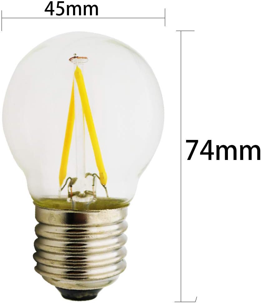 Bombilla LED Edison vintage de 2 W, 2700 K-2800 K, blanco cálido, equivalente a 10 W, 180 lúmenes, no regulable, E26E27 base media G45 bombillas de