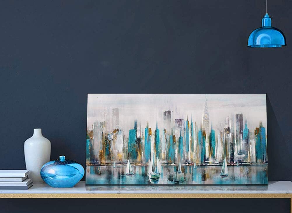 Pogusmavi Lienzo abstracto grande del río Manhattan para decoración de pared, diseño moderno de la ciudad de Nueva York, para sala de estar,