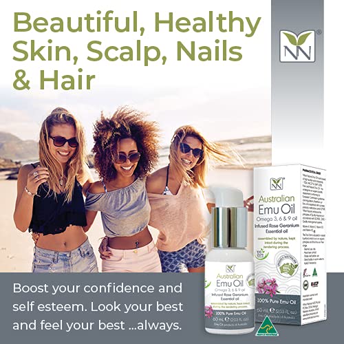 Y-Not Natural – Aceite de emú orgánico farmacéutico 100% puro, 2.0 fl oz, aceite aborigen Omega 3, 6 y 9 de corral libre infundido con geranio rosa
